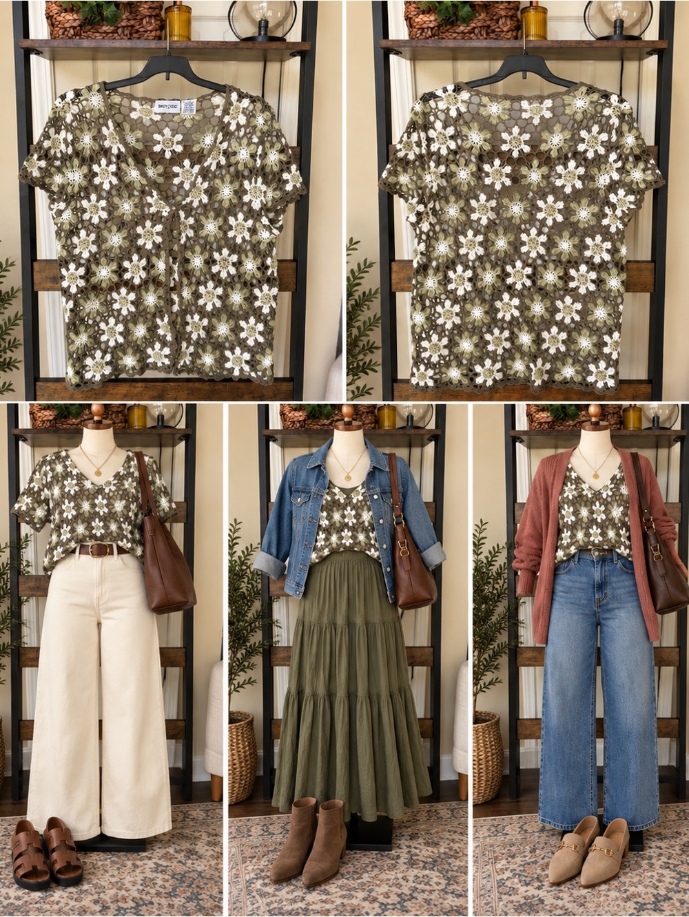 Sage/Olive & Cream Crocheted Floral Sweater